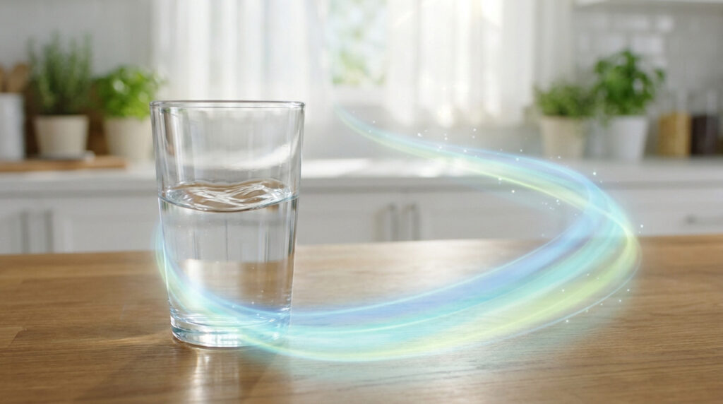 Un verre d'eau posé sur une table en bois avec une trainée lumineuse bleue et scintillante tourbillonnant autour.