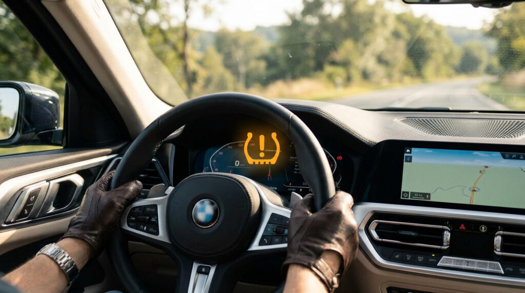 Vue du conducteur avec les mains gantées sur un volant BMW affichant le voyant orange de pression des pneus.