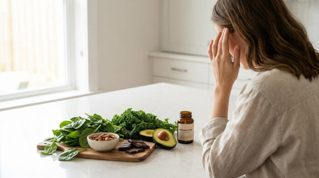 Femme fatiguée devant une planche avec des aliments riches en magnésium et un complément alimentaire.