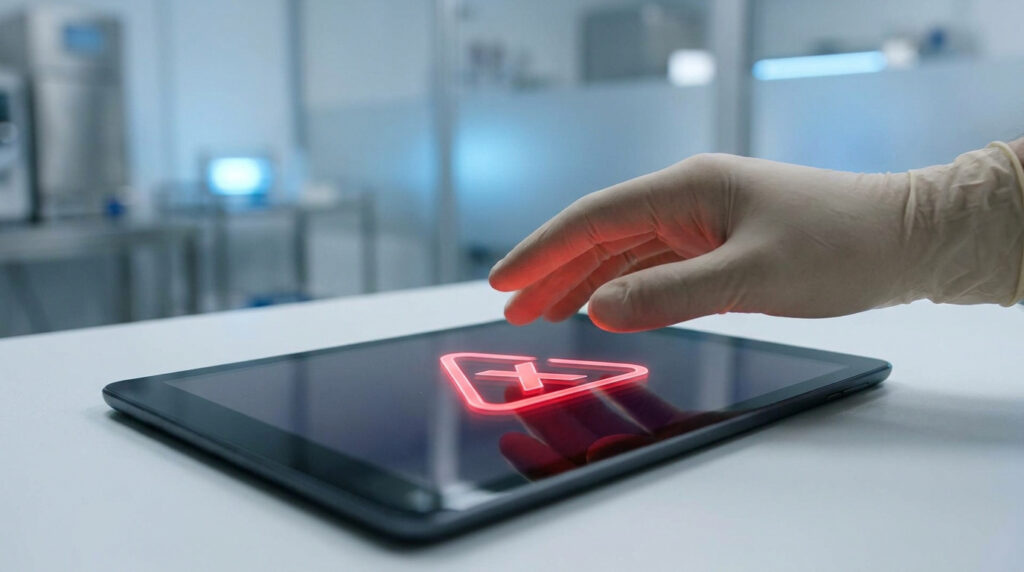 Main gantée pointant une icône d'alerte rouge sur une tablette dans un laboratoire médical.