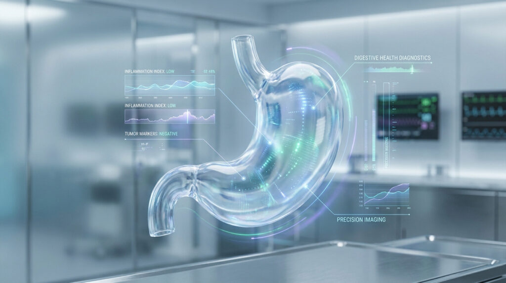 Représentation holographique 3D d'un estomac humain flottant dans une salle d'imagerie médicale avec des données numériques.