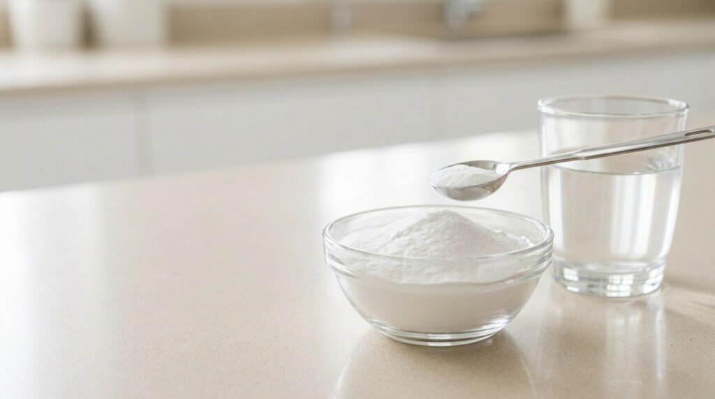Une cuillère à café de bicarbonate de soude au-dessus d'un bol de poudre et d'un verre d'eau sur une table de cuisine.