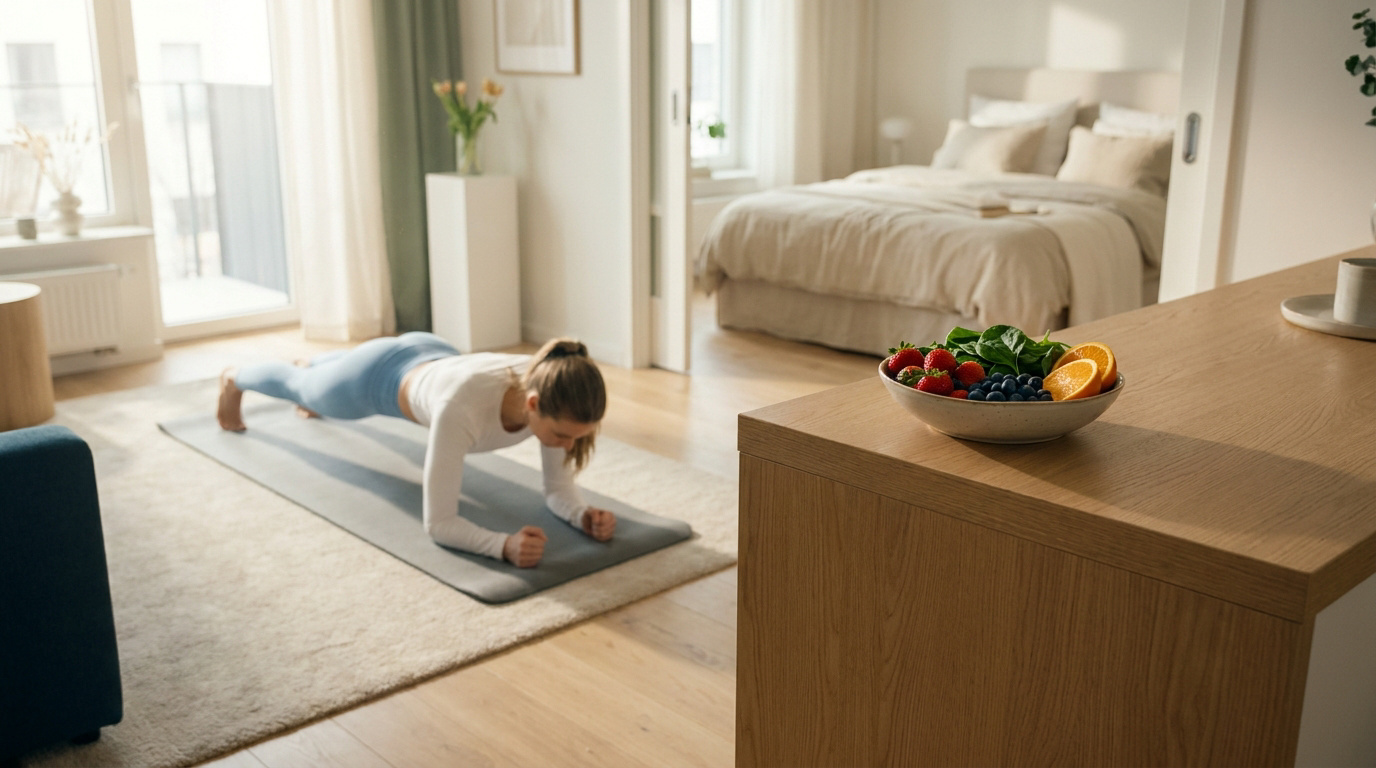 Une femme fait la planche sur un tapis de yoga devant un bol de fruits frais dans un intérieur lumineux.