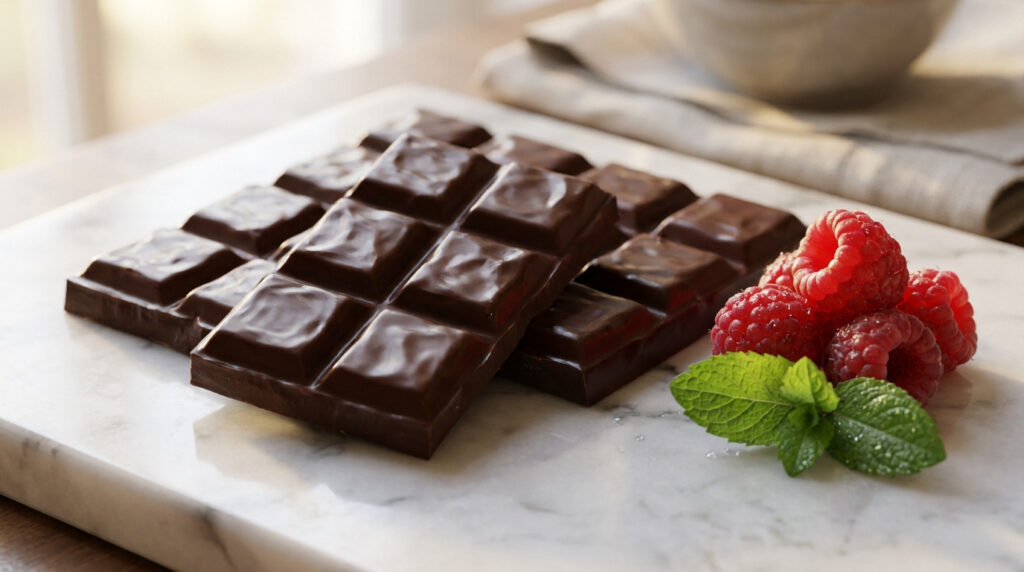 Tablettes de chocolat noir brillant accompagnées de framboises fraîches et d'une feuille de menthe sur un marbre blanc.