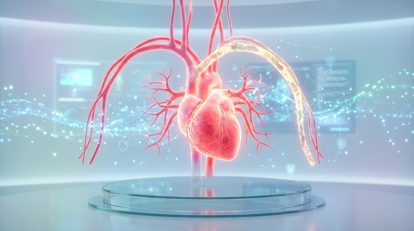 Représentation 3D holographique d'un cœur humain et d'une artère obstruée par des dépôts de calcium.
