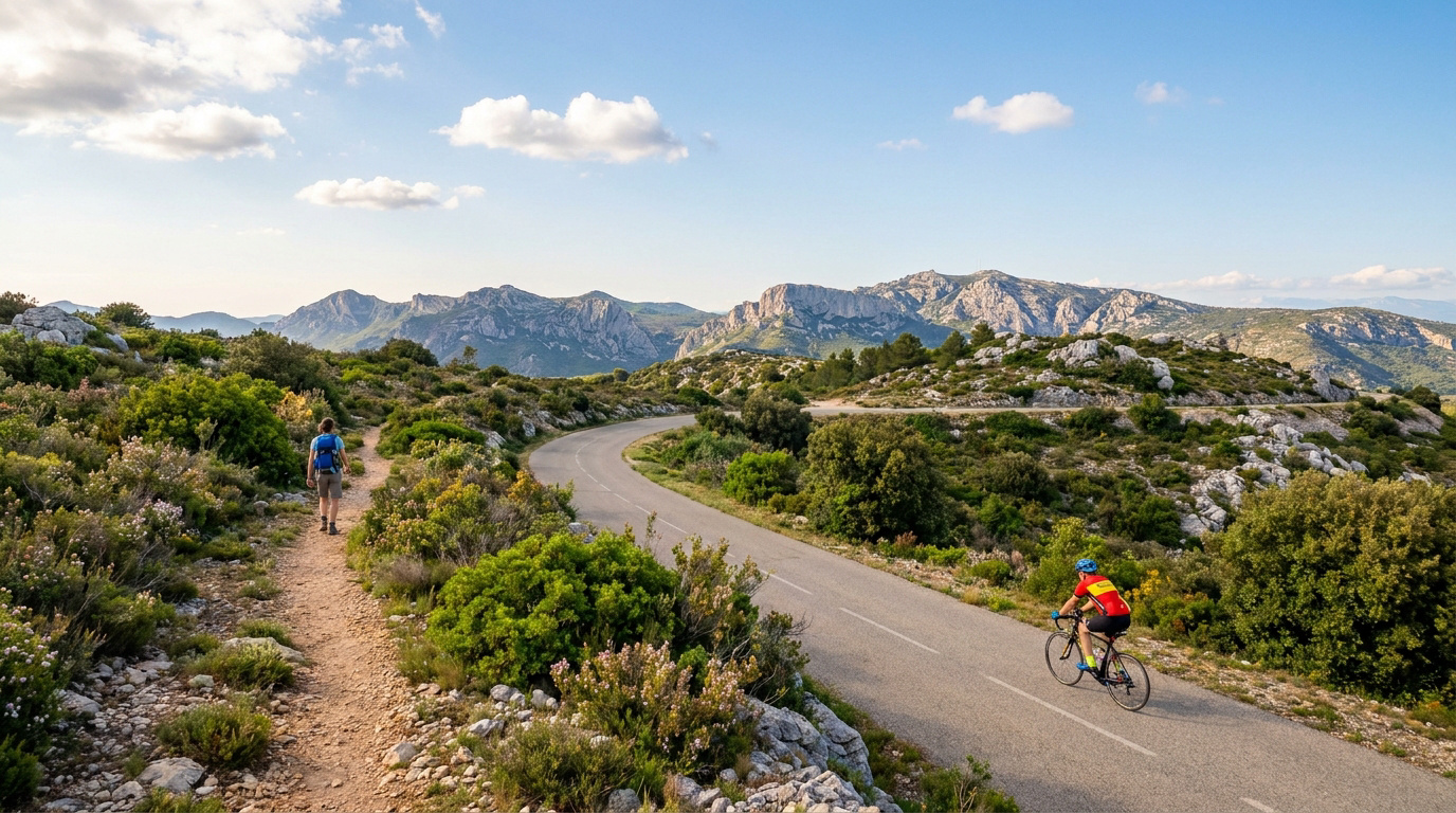 Randonneur sur un sentier et cycliste sur une route sinueuse au col du Corps de Garde, entourés par des montagnes.
