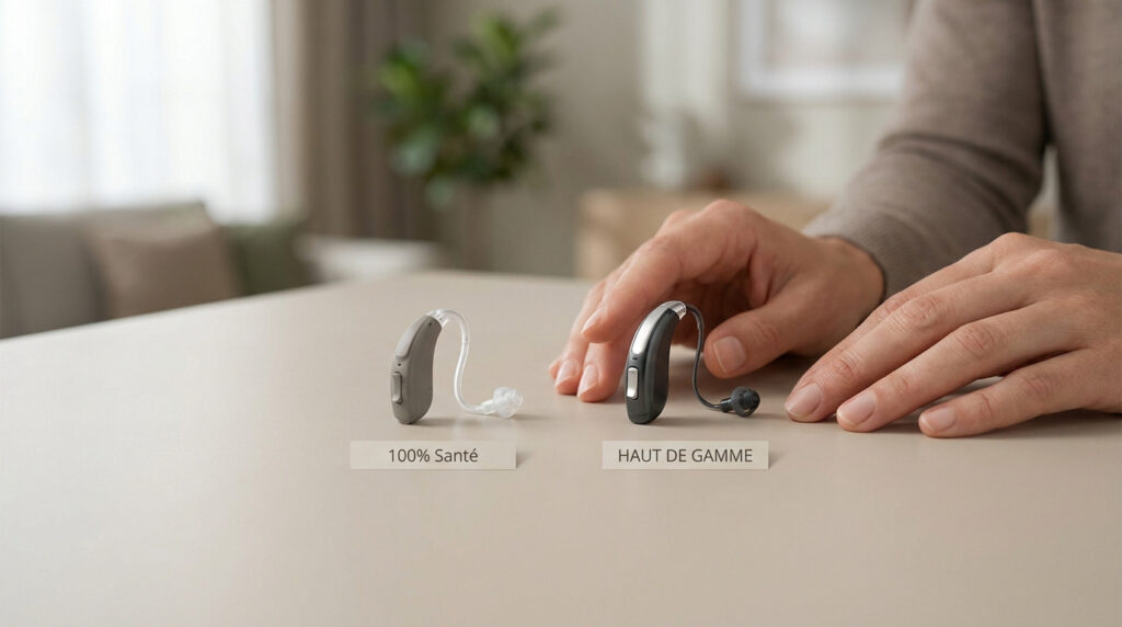 Deux aides auditives posées sur une table avec les étiquettes 100% Santé et Haut de gamme.