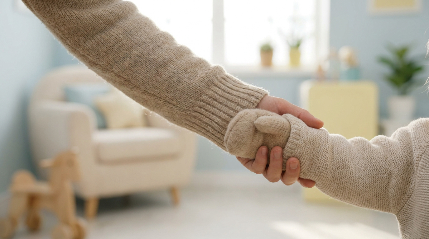 Une main d'adulte tient tendrement la petite main d'un enfant portant une moufle, dans une chambre d'enfant.