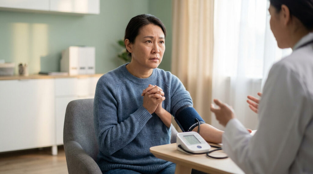 Une patiente anxieuse subit une mesure de tension artérielle par un médecin dans un cabinet médical.