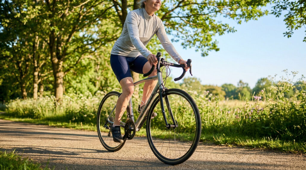 Une femme senior souriante fait du vélo de route sur un chemin ensoleillé entouré d'arbres.