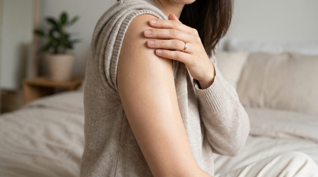Une femme assise sur un lit touchant doucement sa zone axillaire, illustrant une douleur ou une gêne cutanée.