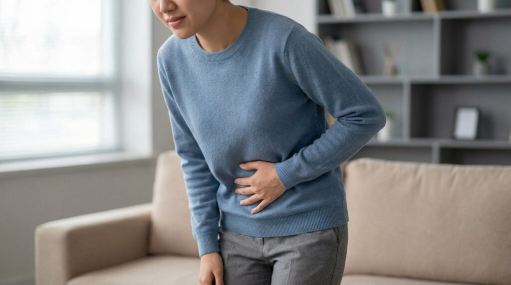 Femme portant un pull bleu souffrant d'une forte douleur abdominale chez elle.
