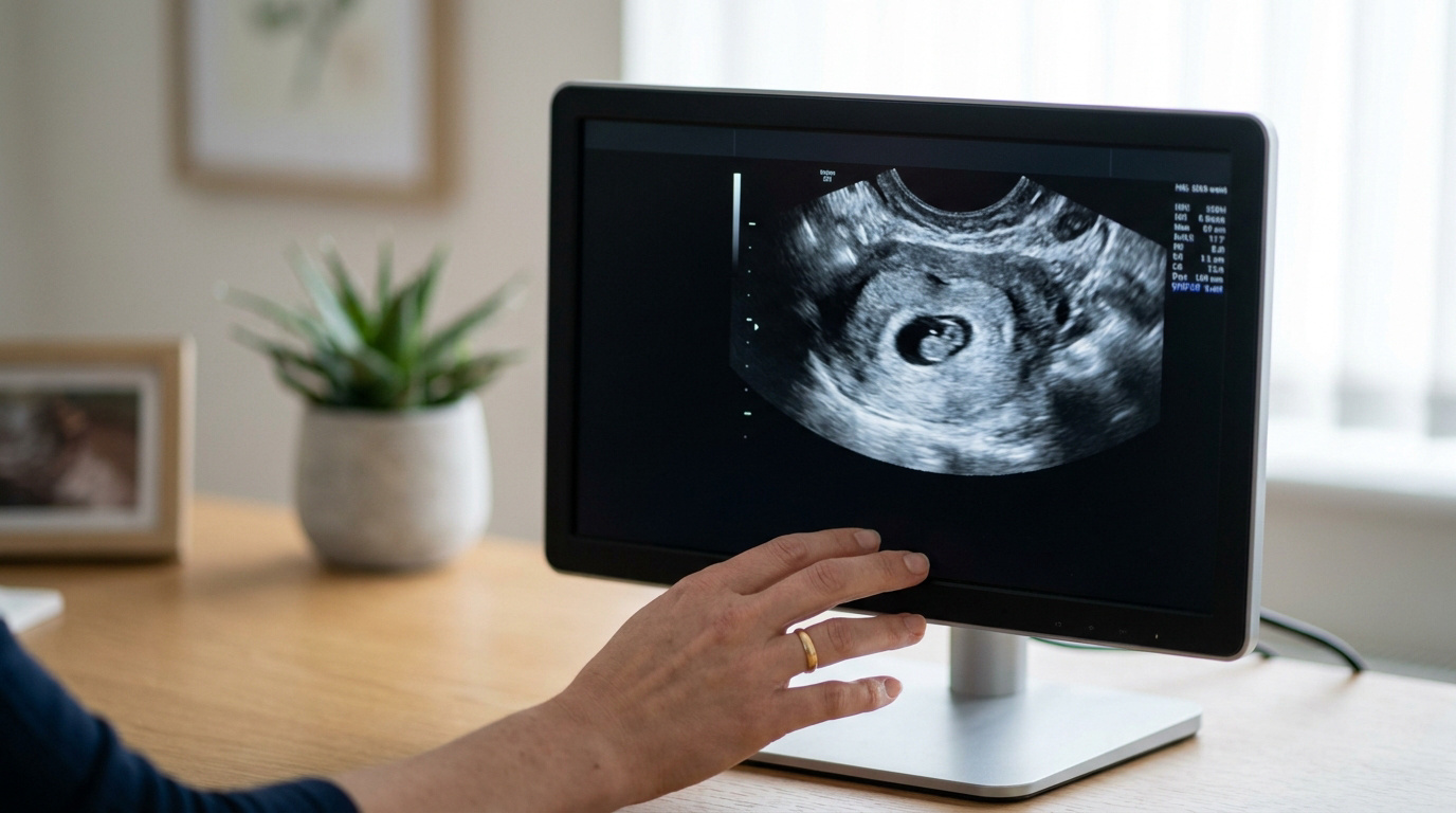 Une personne regarde l'image d'une échographie de grossesse sur un écran d'ordinateur.