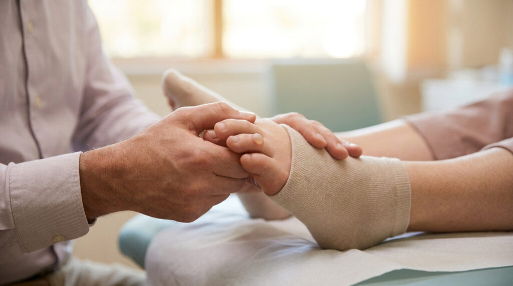 Un médecin examine le pied d'un patient présentant une petite protubérance ou un kyste sur l'orteil.