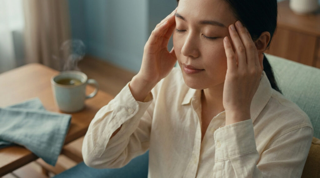 Une femme assise chez elle, les yeux fermés, se massant les tempes pour soulager une migraine avec une tasse fumante.