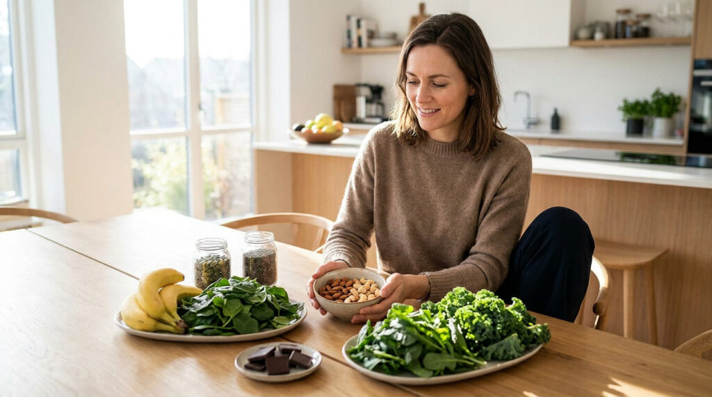 Une femme souriante dans une cuisine prépare des aliments riches en magnésium comme des bananes, des noix et des épinards.