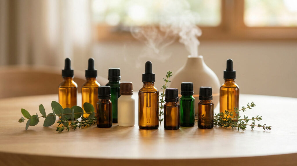 Flacons d'huiles essentielles et diffuseur de vapeur sur une table en bois avec des branches d'eucalyptus et de thym.