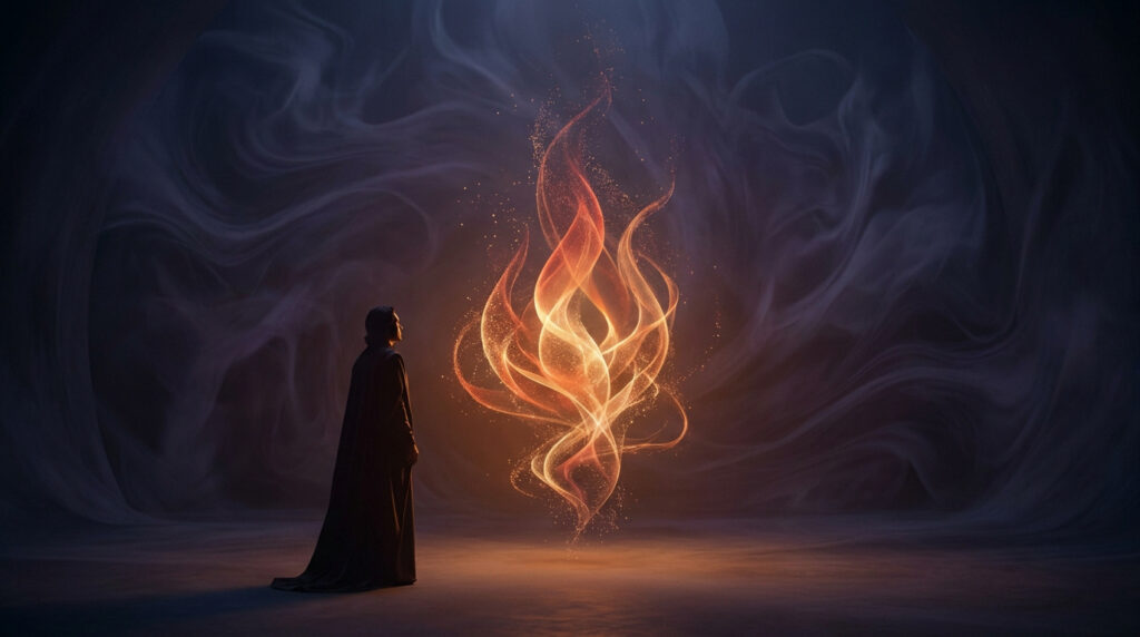 Silhouette sombre faisant face à une flamme magique et éthérée au milieu d'un vide brumeux.