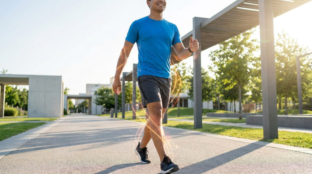 Un homme souriant marche dans un parc avec des effets lumineux autour de lui, illustrant la perte de poids.