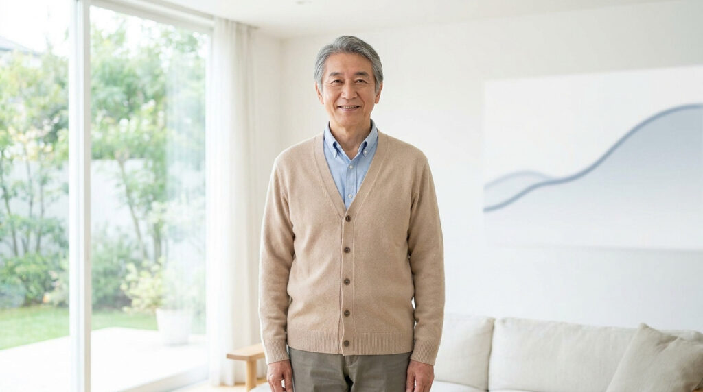 Un homme âgé aux cheveux gris portant un gilet beige, souriant face à la caméra dans un salon lumineux.
