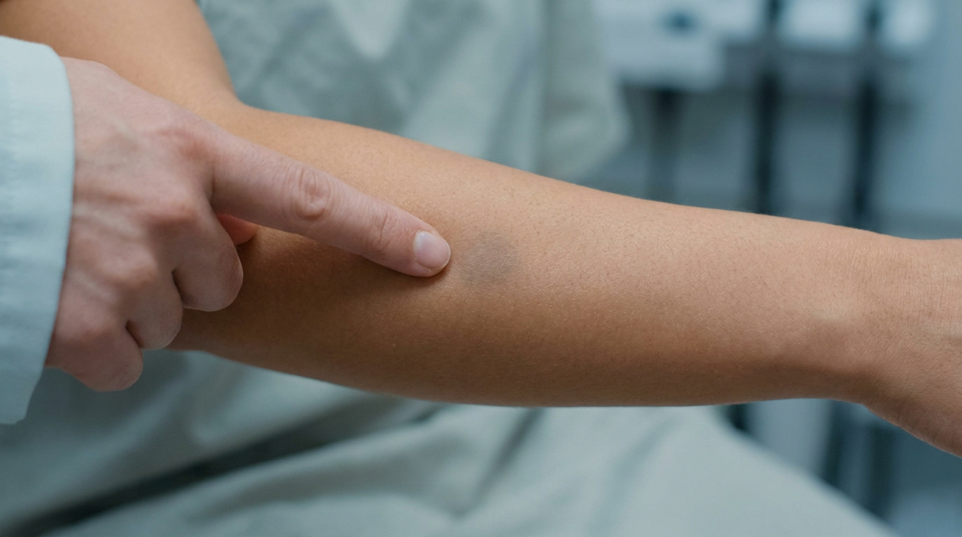 Un professionnel de santé examine une tache foncée sur le bras d'un patient.