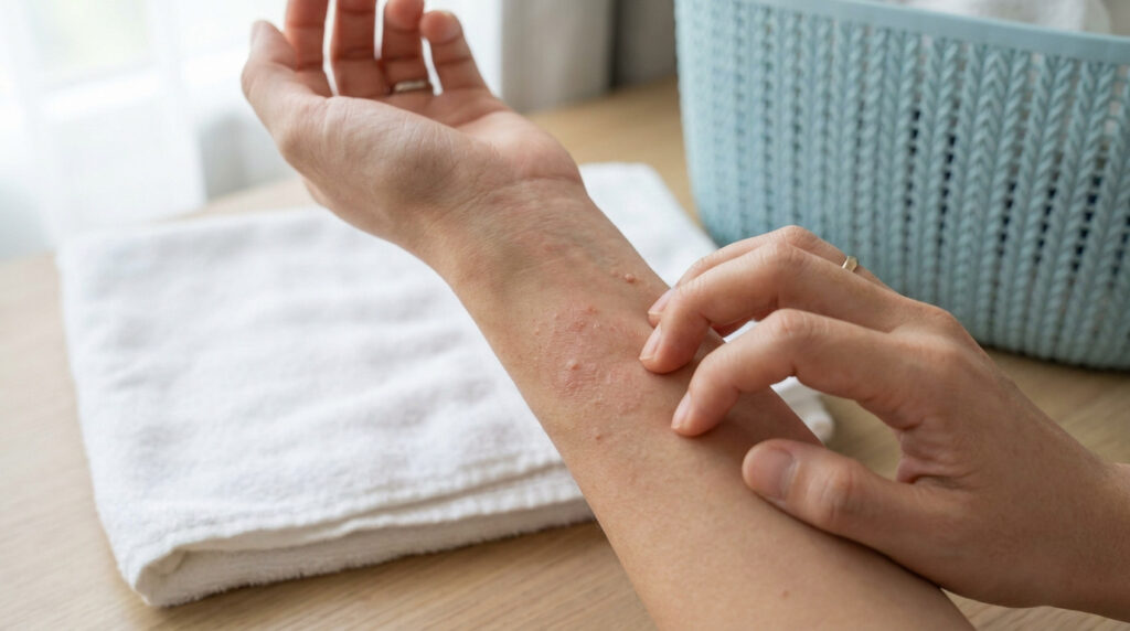 Une personne se gratte l'avant-bras présentant des plaques rouges et irritées près d'une serviette et d'un panier.