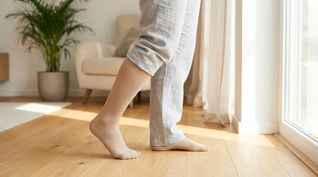 Une personne porte des bas de contention beiges sur ses jambes dans un intérieur lumineux et moderne.