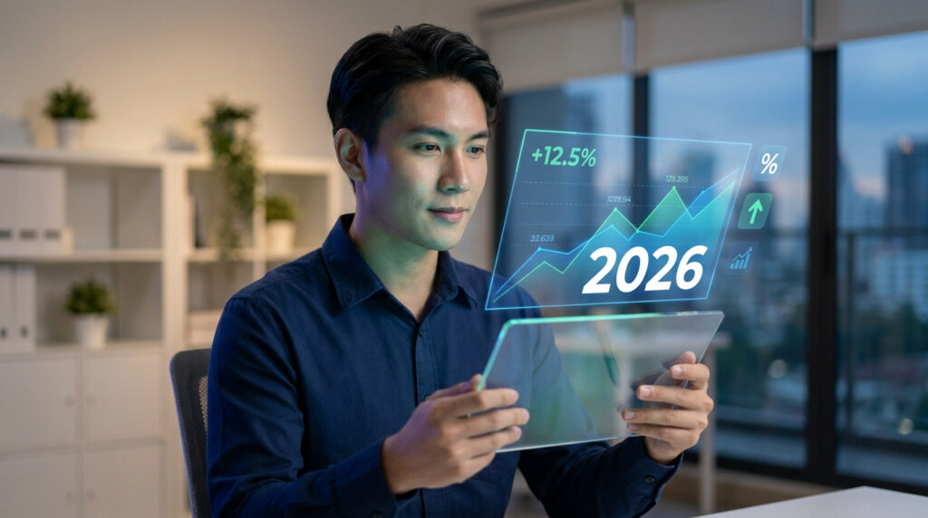 Un jeune homme asiatique consulte des données économiques en 2026 sur une tablette tactile transparente.