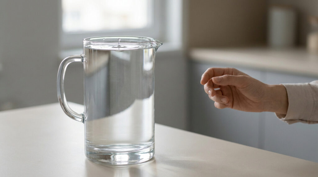 Une main s'approchant d'une carafe d'eau pleine posée sur une table dans une cuisine lumineuse.