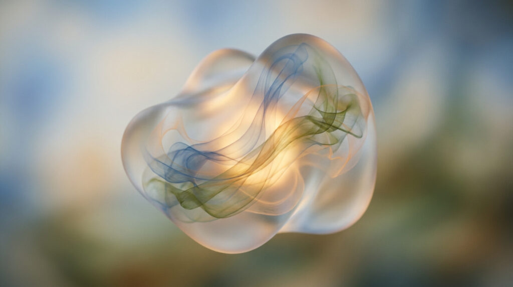 Forme organique transparente contenant des volutes colorées sur fond flou, symbolisant la guérison.