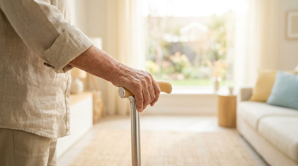 Main d'une personne âgée posée sur une canne de marche dans un salon lumineux.