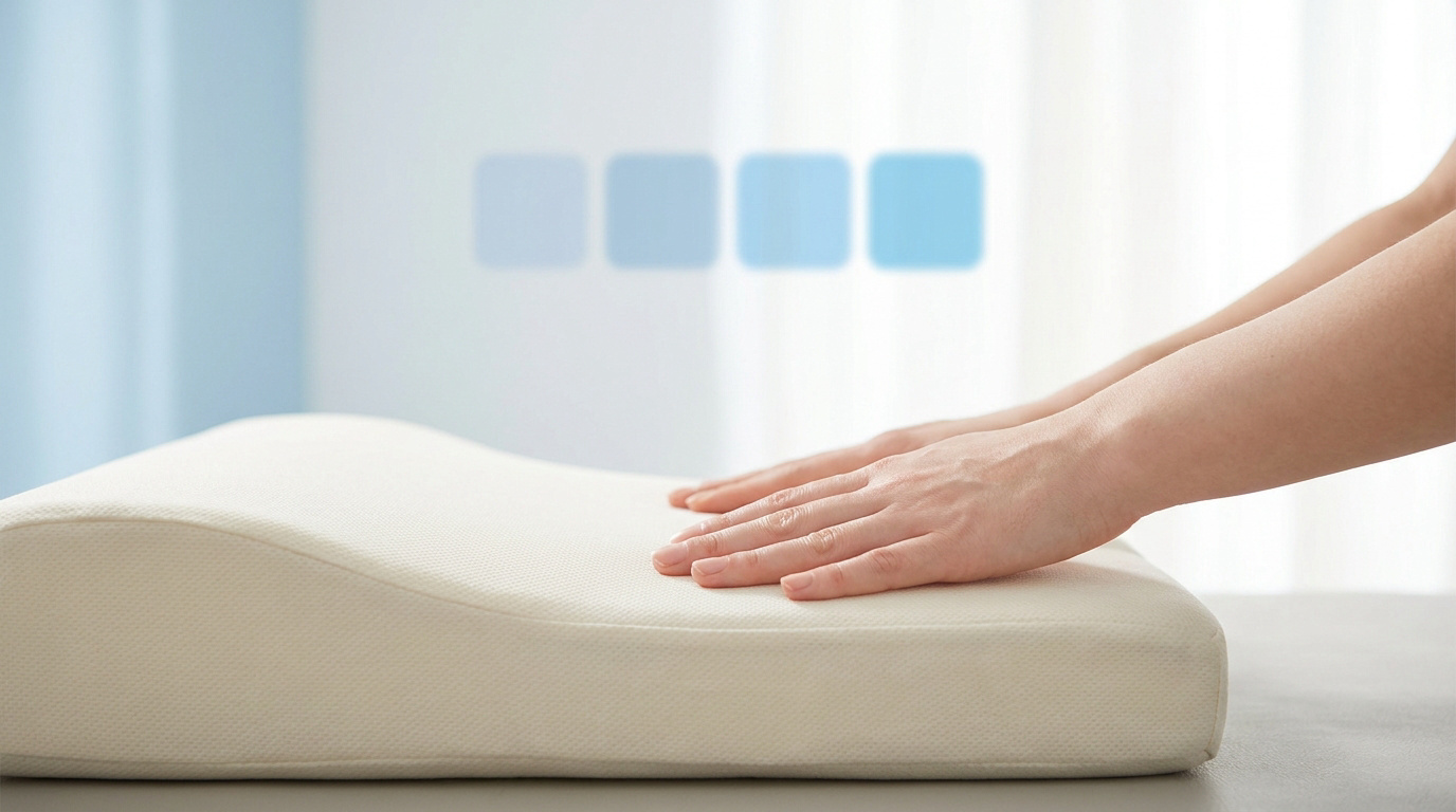 Mains appuyant sur un coussin ergonomique en mousse à mémoire de forme avec quatre icônes carrées en arrière-plan.