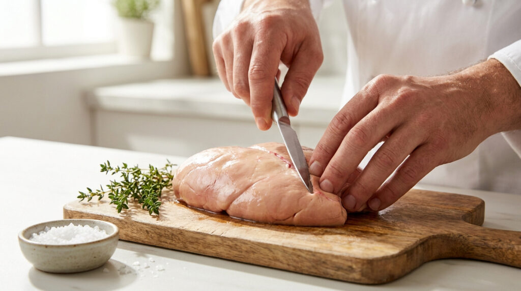Un chef cuisinier en veste blanche nettoie un foie gras cru sur une planche en bois.