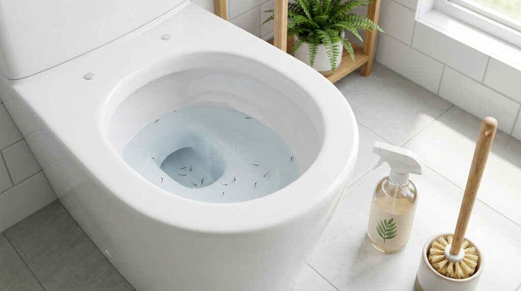 Cuvette de toilettes blanche avec de petites larves sombres flottant dans l'eau claire.