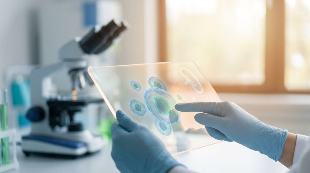 Scientifique en laboratoire examinant des cellules et une rate sur un écran tactile holographique transparent.