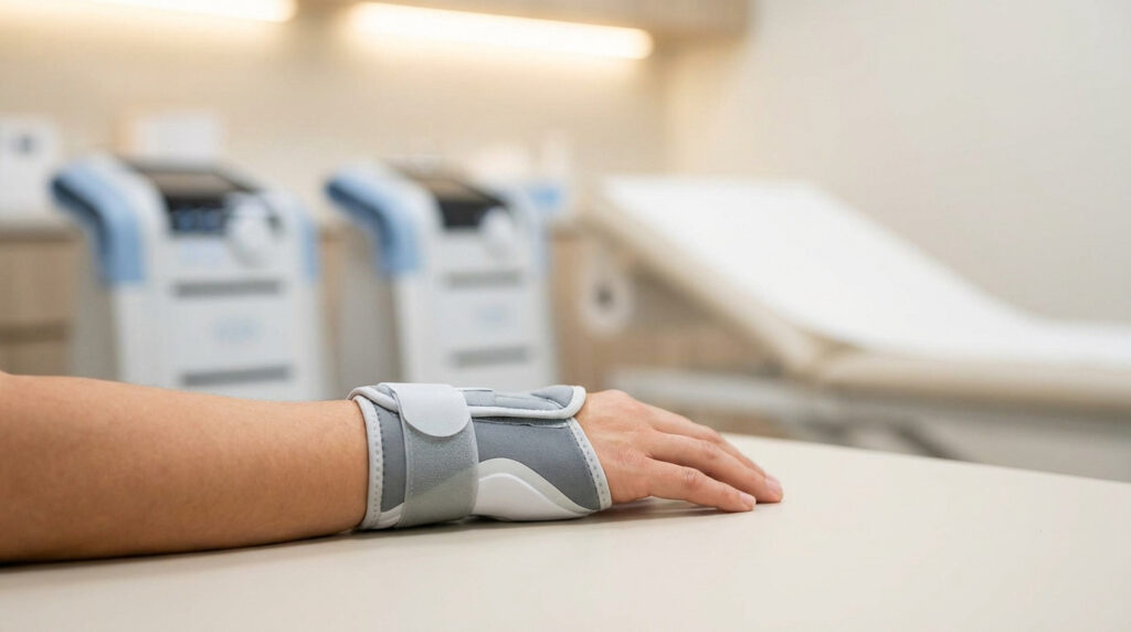 Main portant une attelle médicale dans un cabinet de rééducation avec des appareils de soin en arrière-plan.