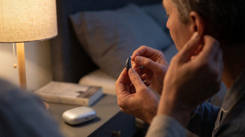 Un homme retire son appareil auditif avant de se coucher dans une chambre à la lumière tamisée.