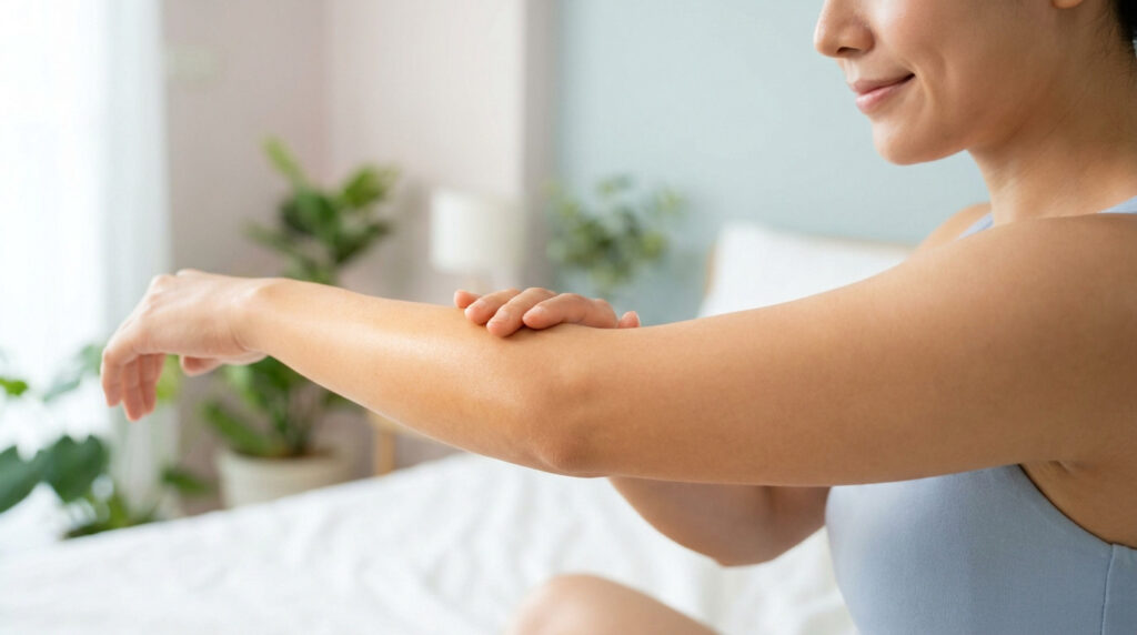 Une femme applique une lotion hydratante sur son bras dans une chambre lumineuse et apaisante.