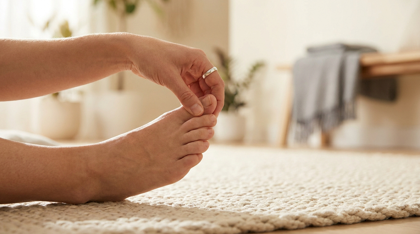 Une main masse délicatement le gros orteil d'un pied nu posé sur un tapis dans une pièce lumineuse.