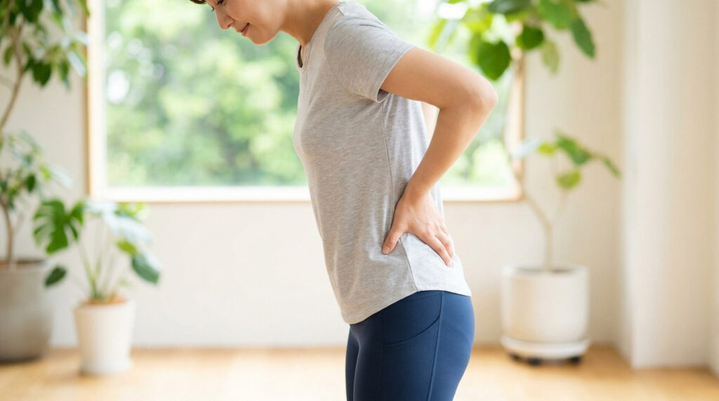 Une femme debout, légèrement penchée en avant, tenant son bas du dos avec ses mains en signe de douleur.