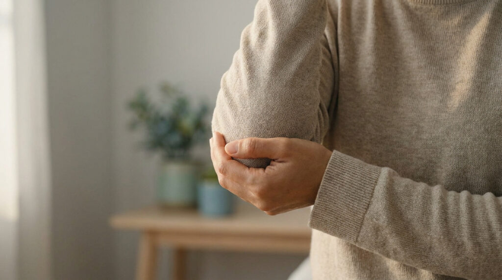 Une personne porte un pull beige et tient son coude douloureux avec sa main opposée.