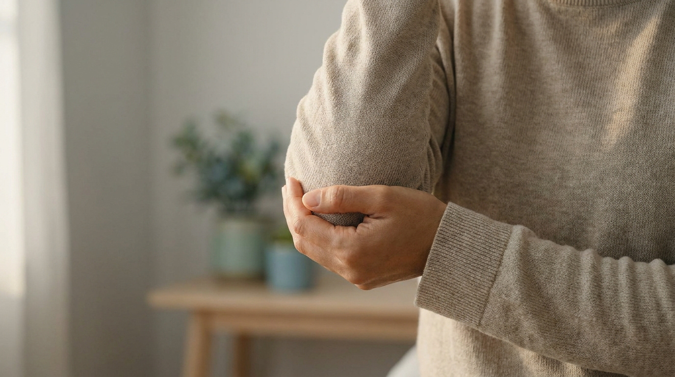 Une personne porte un pull beige et tient son coude douloureux avec sa main opposée.
