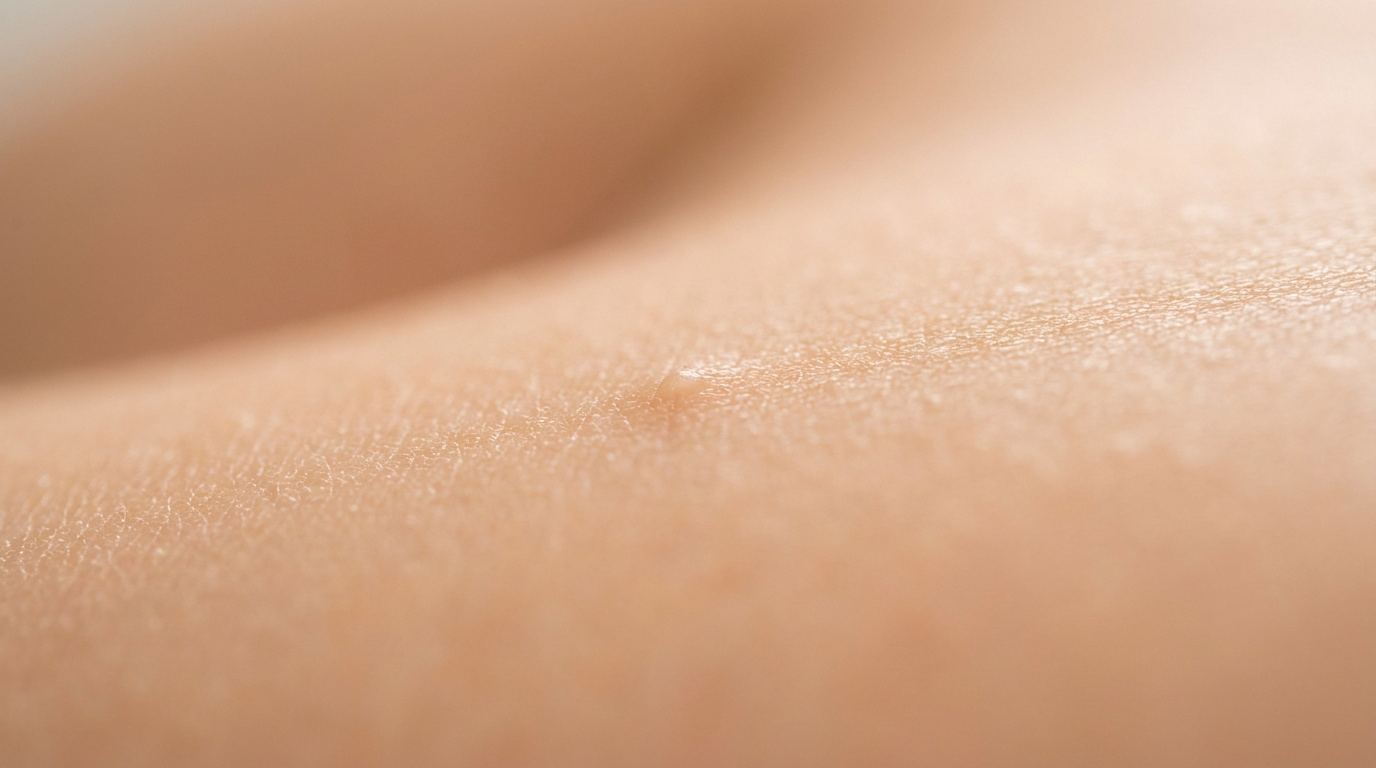 Gros plan macroscopique sur une petite protubérance cutanée ou un bouton sur une peau humaine claire.