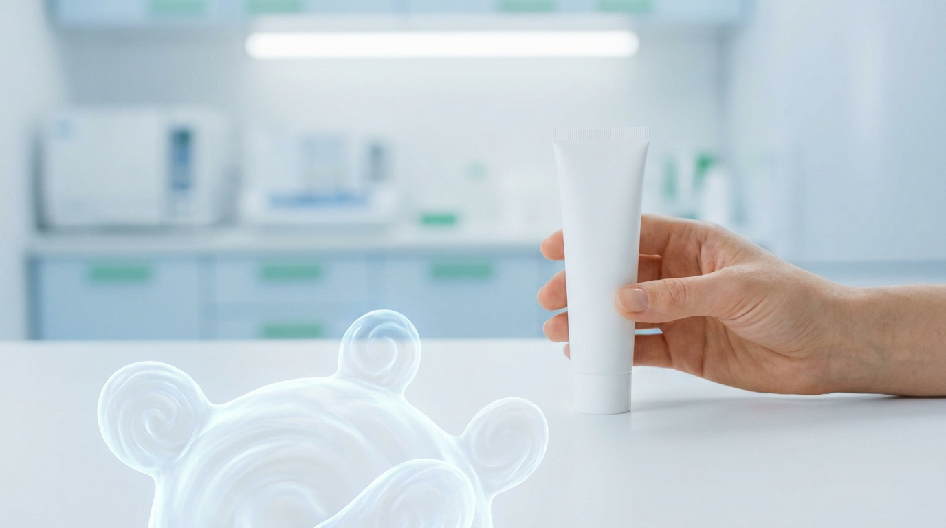Une main tient un tube de crème blanc devant une représentation 3D stylisée d'un champignon pathogène.