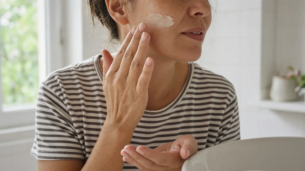 Femme appliquant une crème visage, rituel de soin quotidien