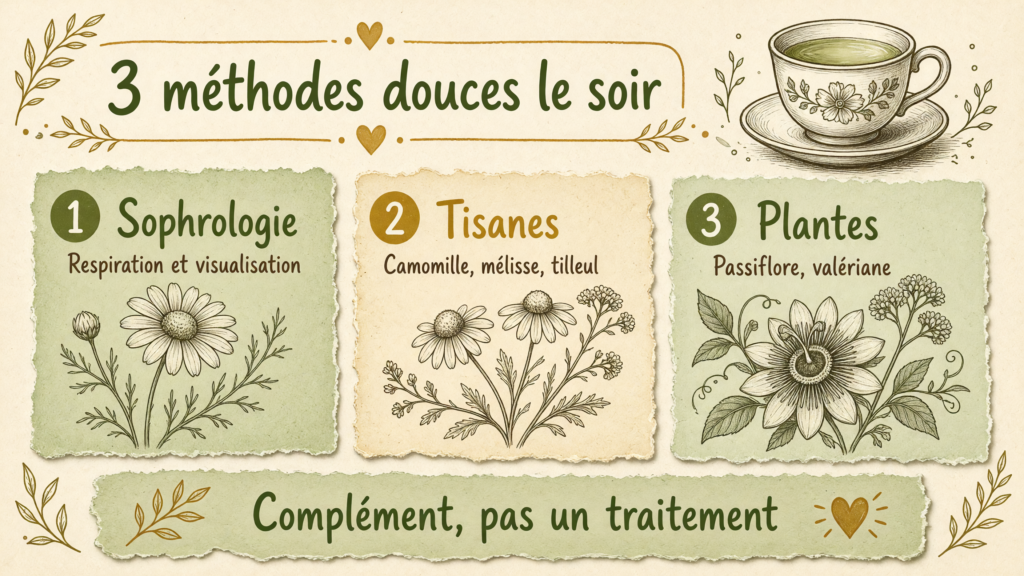 Infographie : sophrologie, tisanes et plantes apaisantes pour se relaxer le soir