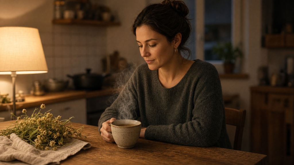 Femme se détendant le soir avec une tisane de plantes apaisantes