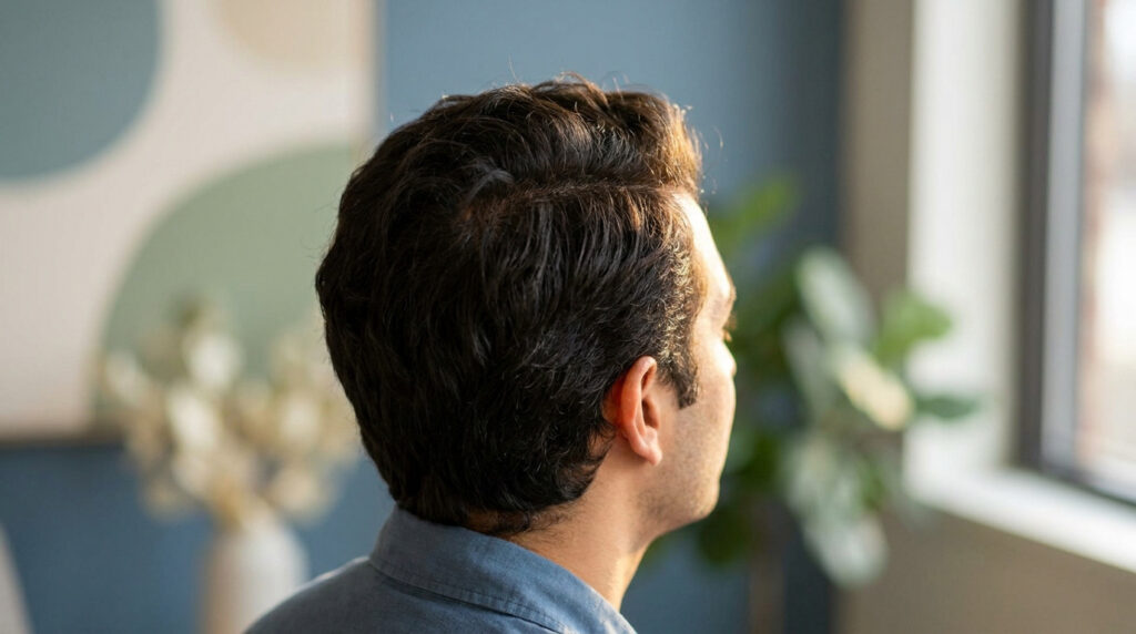 Homme vu de dos observant par la fenêtre, mettant en valeur sa chevelure dense et bien coiffée.
