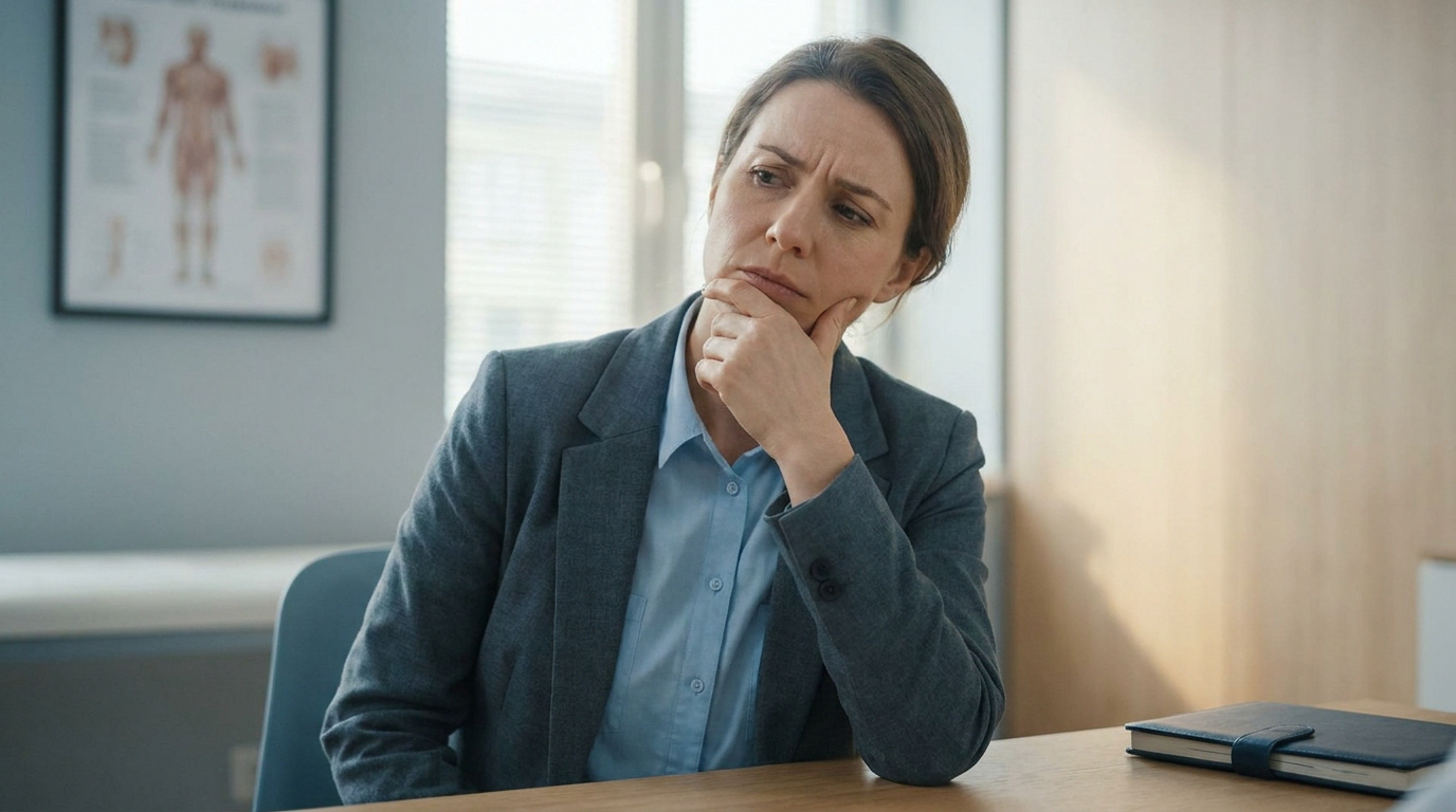 Une femme pensive en tailleur assis dans un cabinet médical avec un schéma anatomique en arrière-plan.