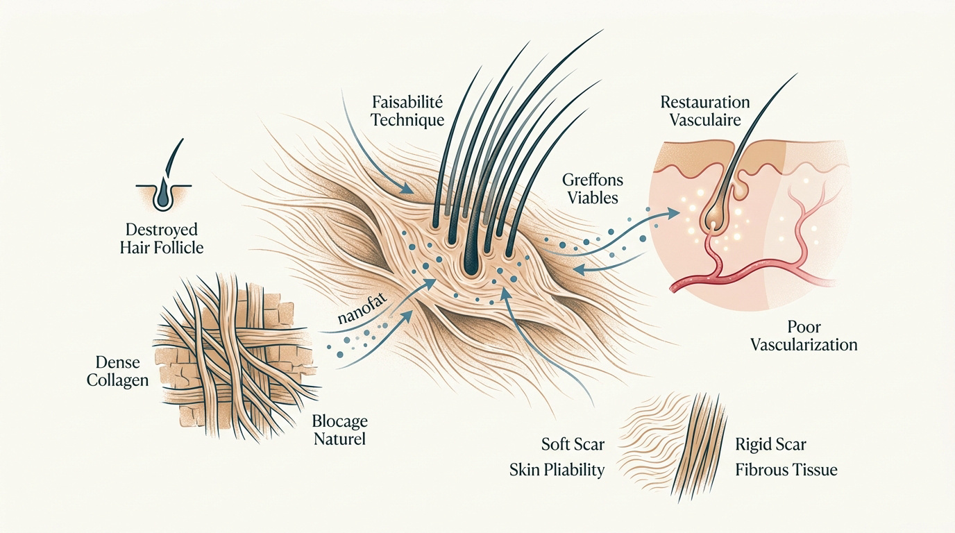 Illustration médicale d'une procédure de greffe capillaire sur une zone cicatricielle du cuir chevelu